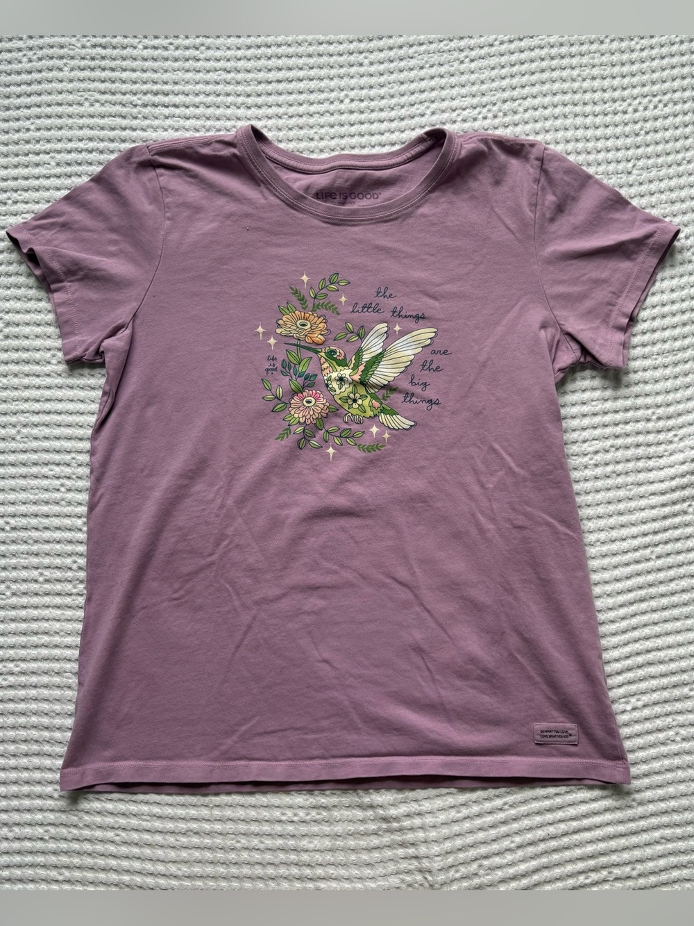 Life is Good Little Things Hummingbird Flower Crusher Tee Violet Purple a  L